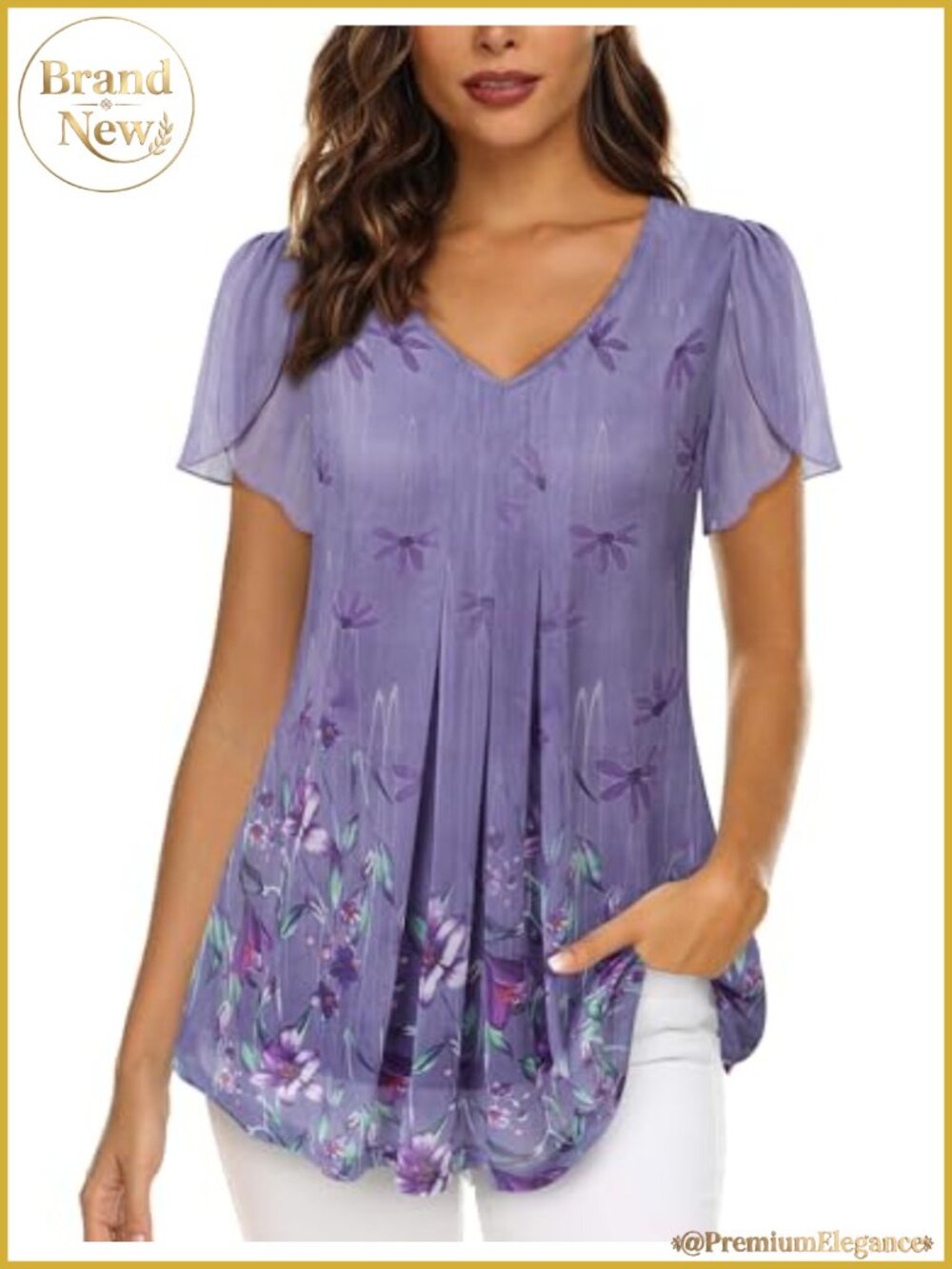 Layered Mesh Tunic Top V-Neck Short Sleeve Casual Flowy Blouse